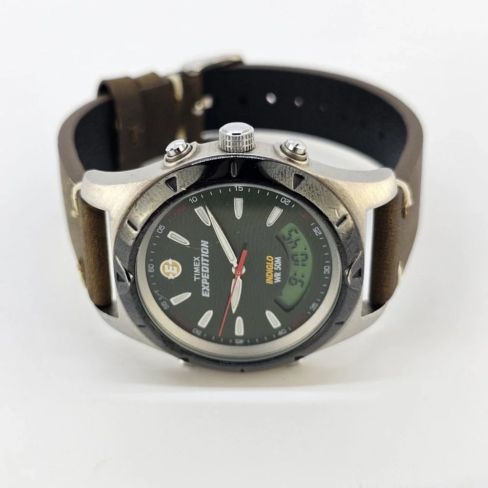 Timex Expedition Ana Dig Men Watch 38MM NEW Dark Brown Leather Bands New Battery